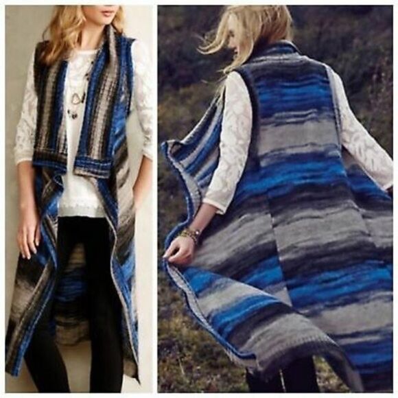 𝅺anthropologie Moth Blue Space Gray Sleeveless Knit Long Cardigan - Picture 2 of 9